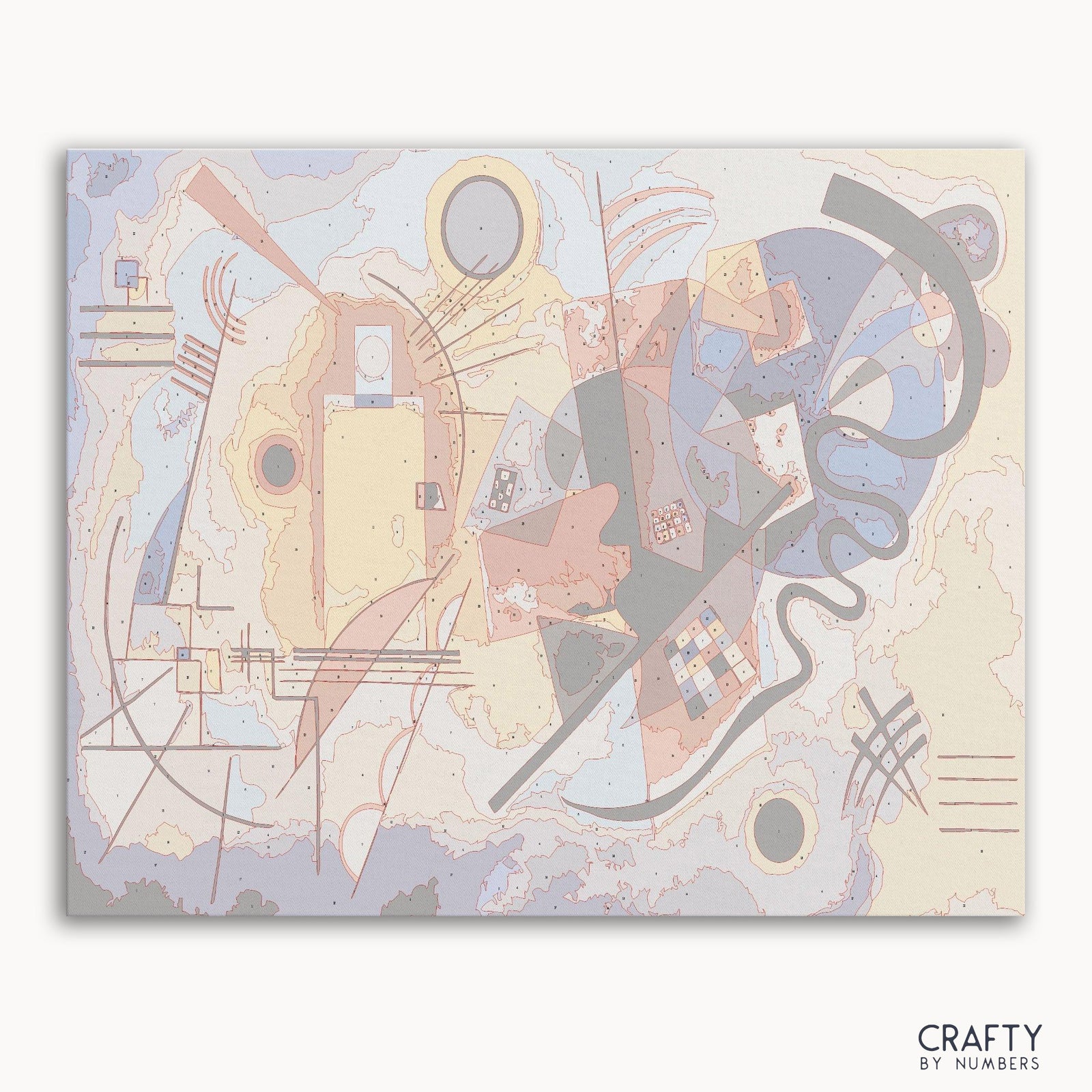 Kit de peinture par numéros jaune rouge bleu de Wassily Kandinsky présentant un style de peintures célèbres avec des formes abstraites vibrantes.