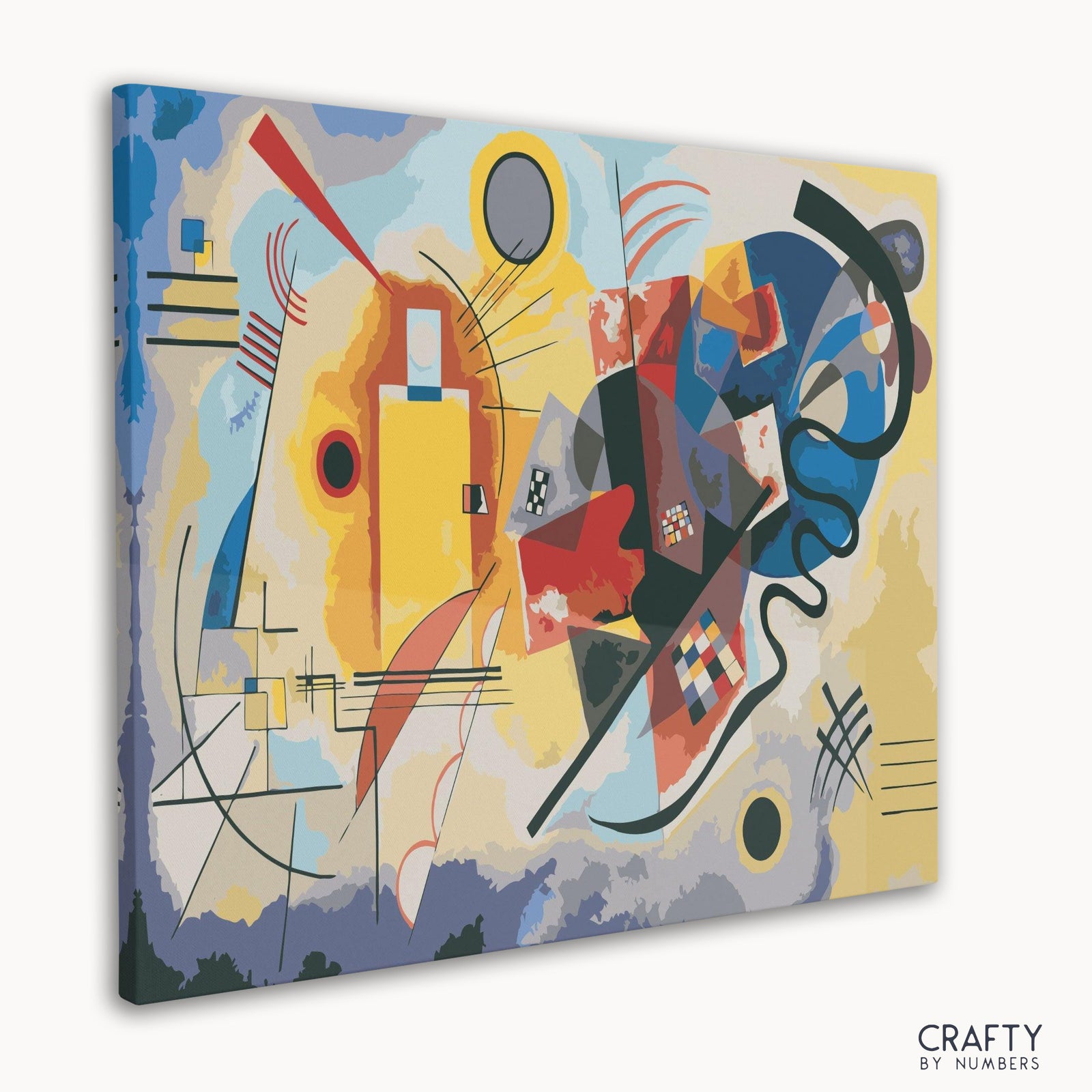 Gros plan de célèbres peintures abstraites pour peinture par numéros inspirées du Jaune Rouge Bleu de Kandinsky.