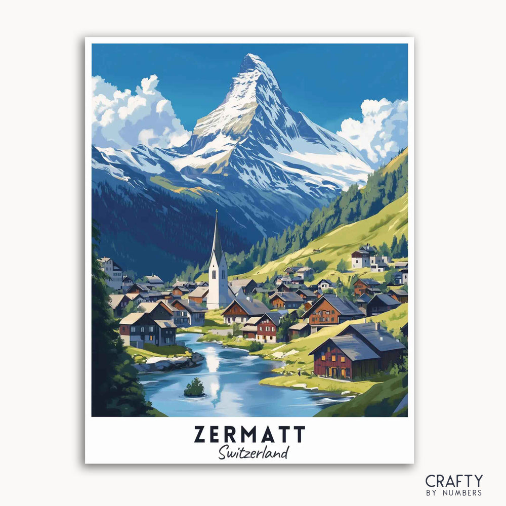 A travel poster depicting the iconic Matterhorn mountain above the Swiss alpine village of Zermatt, with a church steeple in the foreground, surrounded by green hills and a blue sky.