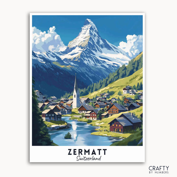 A travel poster depicting the iconic Matterhorn mountain above the Swiss alpine village of Zermatt, with a church steeple in the foreground, surrounded by green hills and a blue sky.