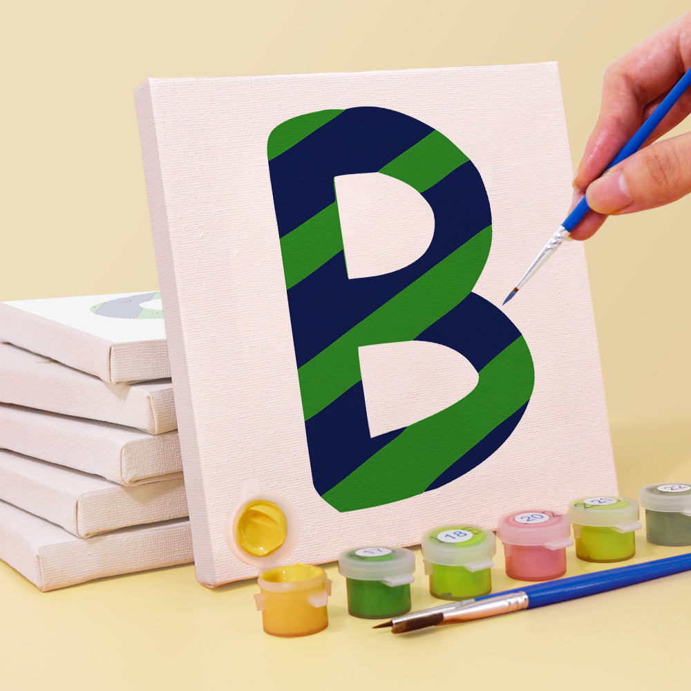 In-progress painting of Zigzag Zest Alphabet letter K showing partially painted zigzag stripes with rich acrylic paints on numbered canvas