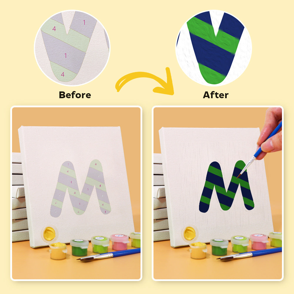 Person painting Zigzag Zest Alphabet canvas, enjoying a fun and colorful paint-by-numbers creative process with bold patterns