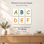 Zigzag Zest (Alphabet): example arrangement of six selectable mini letter canvases, 15 × 20 cm each.