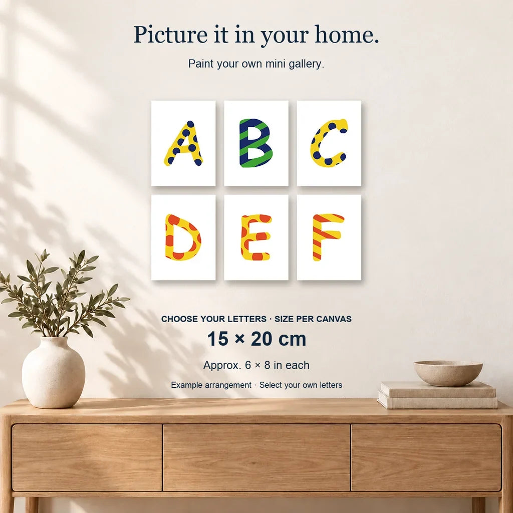 Zigzag Zest (Alphabet): example arrangement of six selectable mini letter canvases, 15 × 20 cm each.