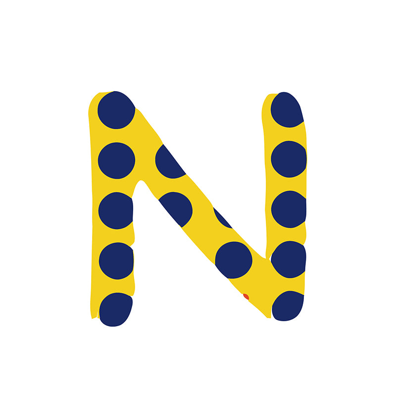 zigzag paint by numbers letter N in yellow and blue cirlces