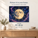 Zodiac Moon displayed on a sunlit wall above an oak cabinet. Canvas size 50 × 40 cm.