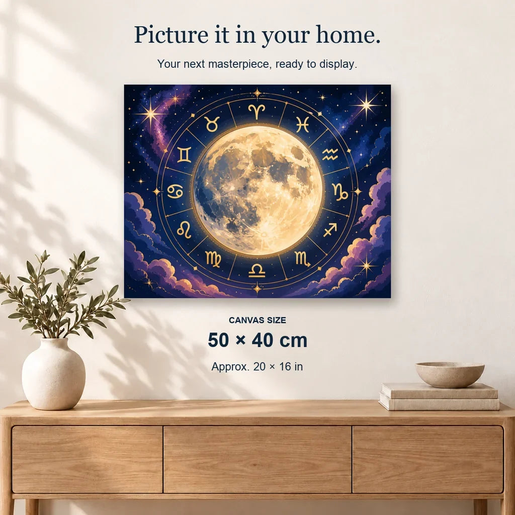 Zodiac Moon displayed on a sunlit wall above an oak cabinet. Canvas size 50 × 40 cm.