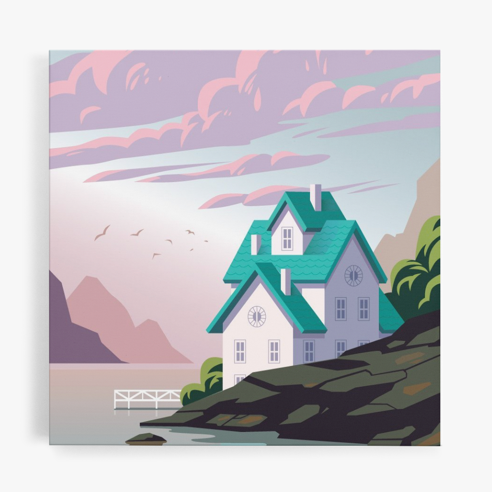 A paint by numbers kit depicting a house by the lakeside with vibrant colors, including purple, blue, and pink.