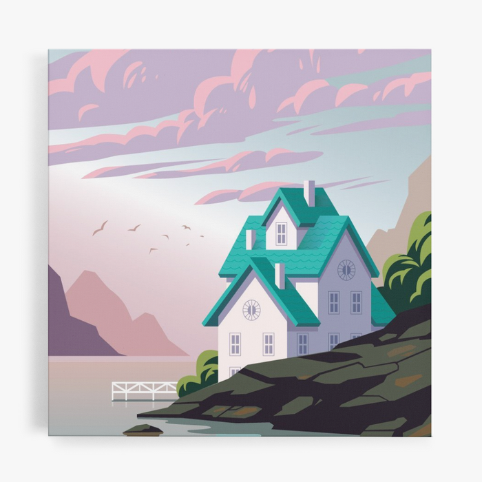 A paint by numbers kit depicting a house by the lakeside with vibrant colors, including purple, blue, and pink.