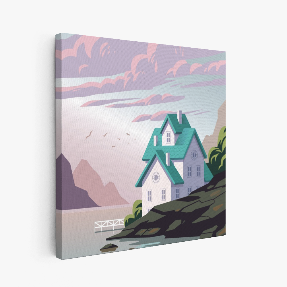 A paint by numbers kit depicting a house by the lakeside with vibrant colors, including purple, blue, and pink.