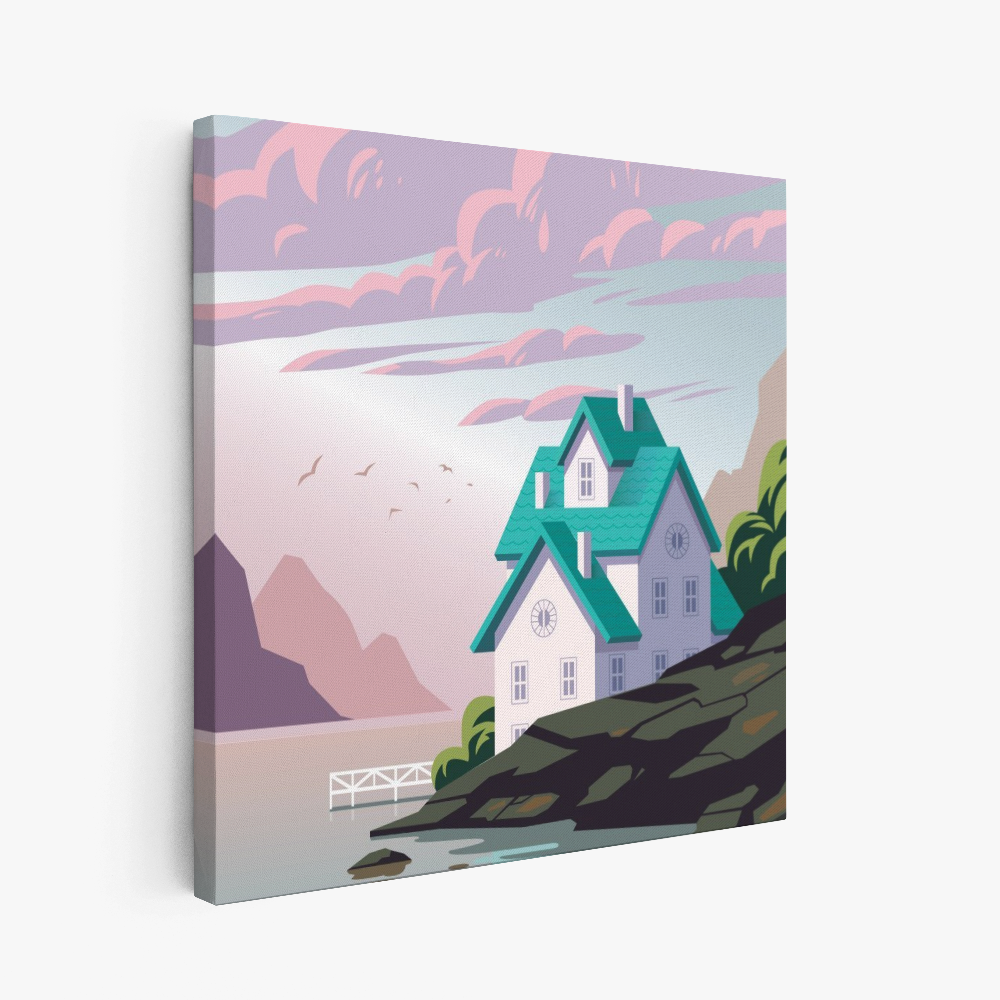 Un kit de peinture par numéros représentant une maison au bord d'un lac avec des couleurs vives, dont le violet, le bleu et le rose.