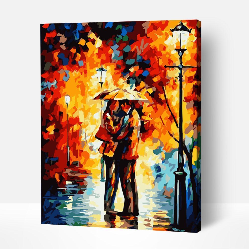Intime Szene von Liebenden im Regen, gemalt in einem Stil, der Gemälde berühmter Künstler und berühmter Frauengemälde widerspiegelt.