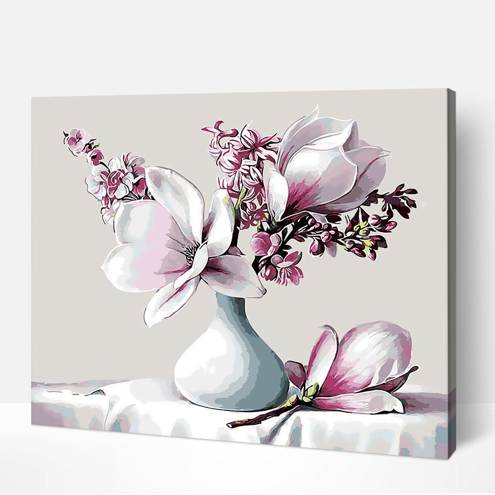Elegant magnolia flowers paint by number capturing essence of famous artists paintings and famous paintings of women with delicate strokes.