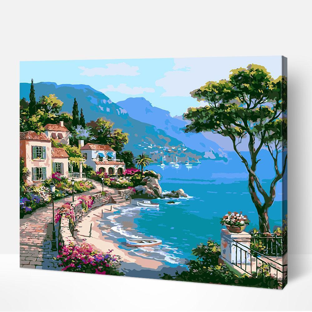 Mediterranean Seaside Paint by Numbers inspired by famous paintings featuring vibrant coastal landscapes.