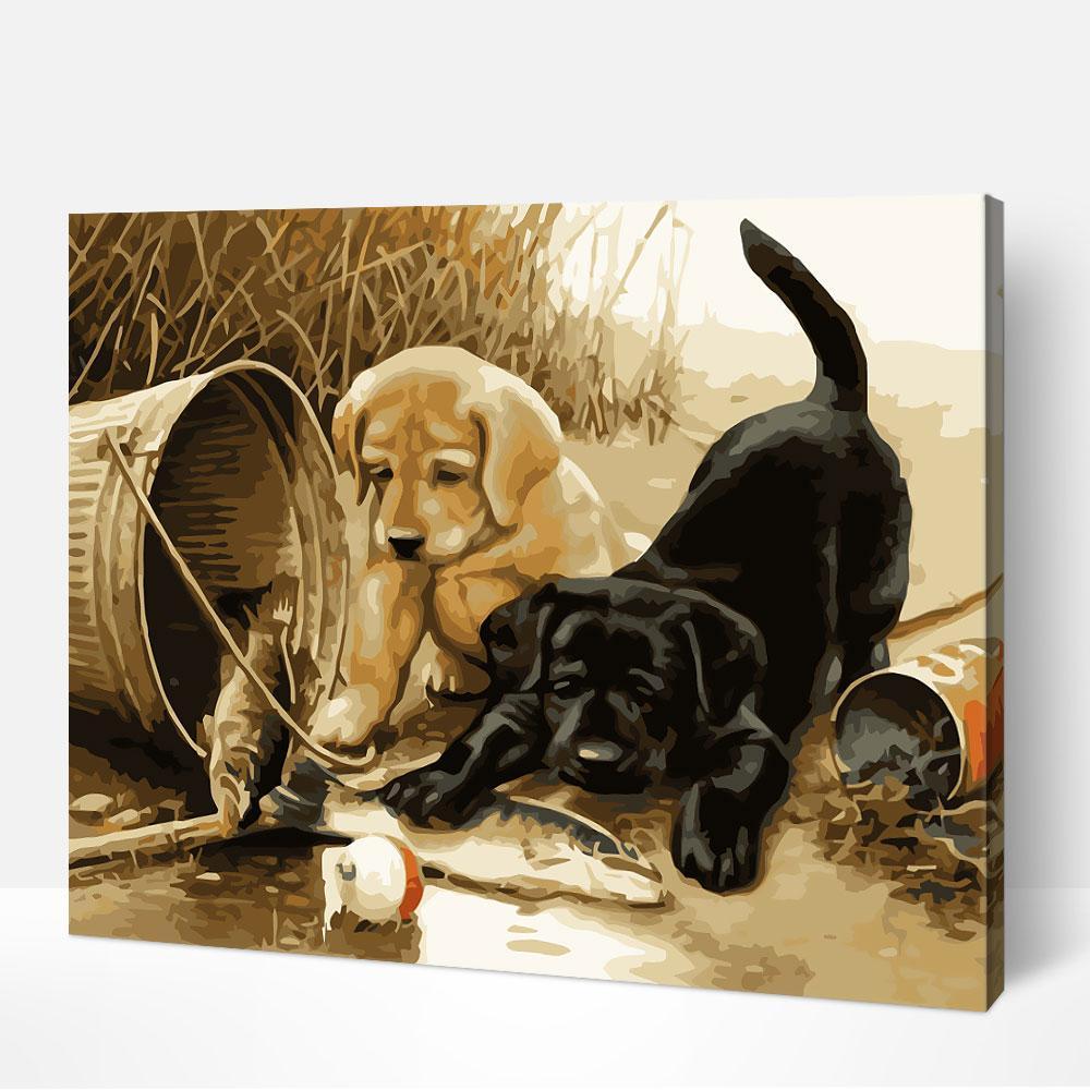 Beautiful Puppies at Play paint by number scene infused with styles seen in famous paintings of women and portraits.