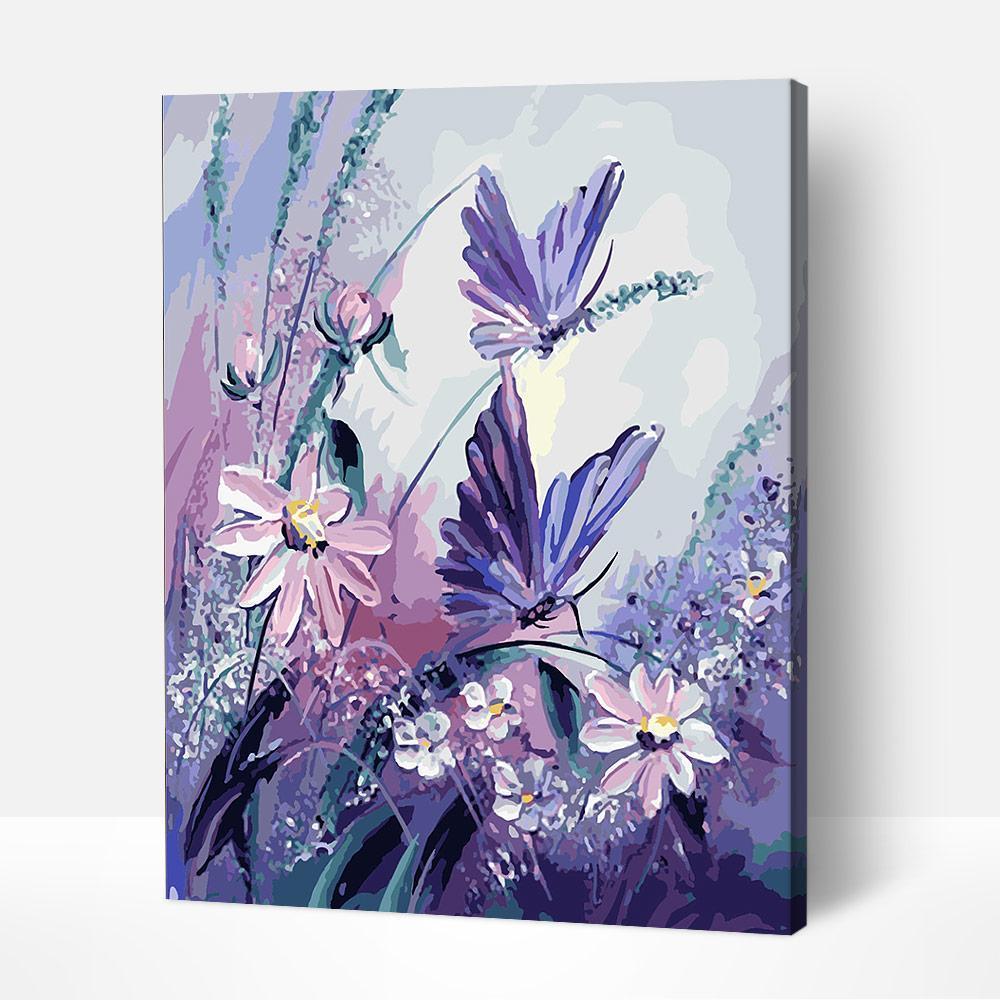 A stunning Purple Butterflies paint by number design capturing the essence of famous abstract paintings and famous still life paintings.