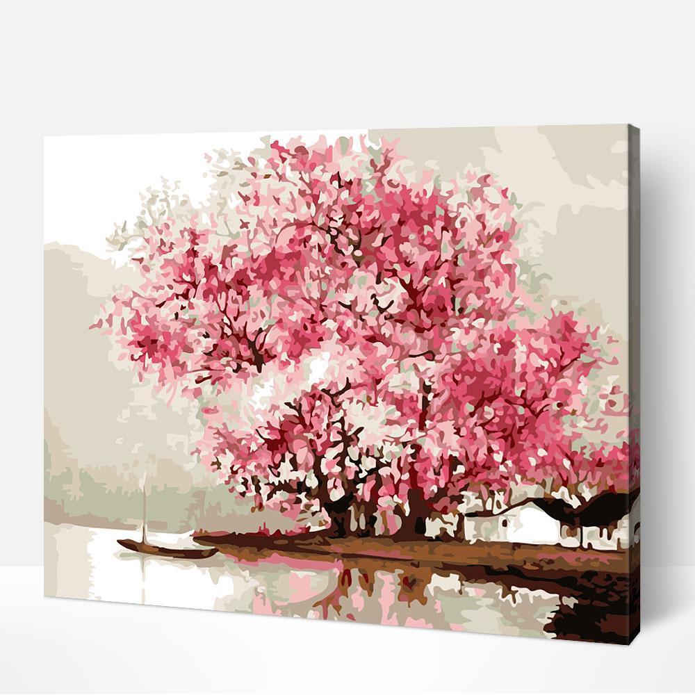 Pincel aplicando pintura rosa sobre flores de cerezo, pintura por números, obra de arte