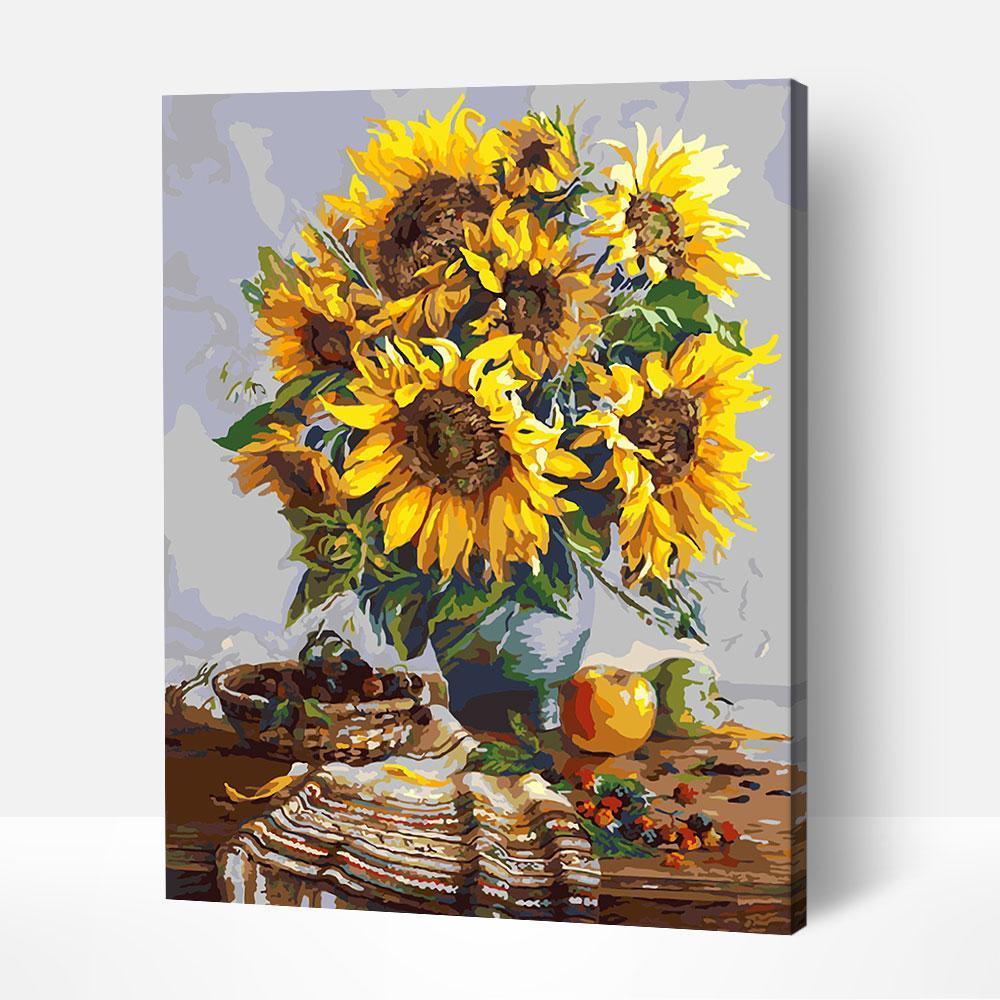 Vibrant Sunflowers in a Vase paint by number with brush strokes like famous flower paintings and famous still life paintings.