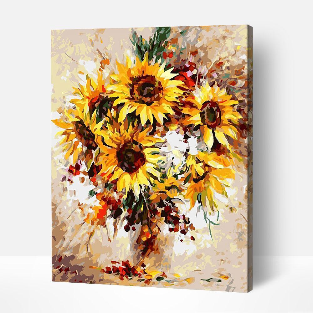 Sunflower Burst paint by number with bold colors reminiscent of picasso famous paintings and famous abstract paintings.