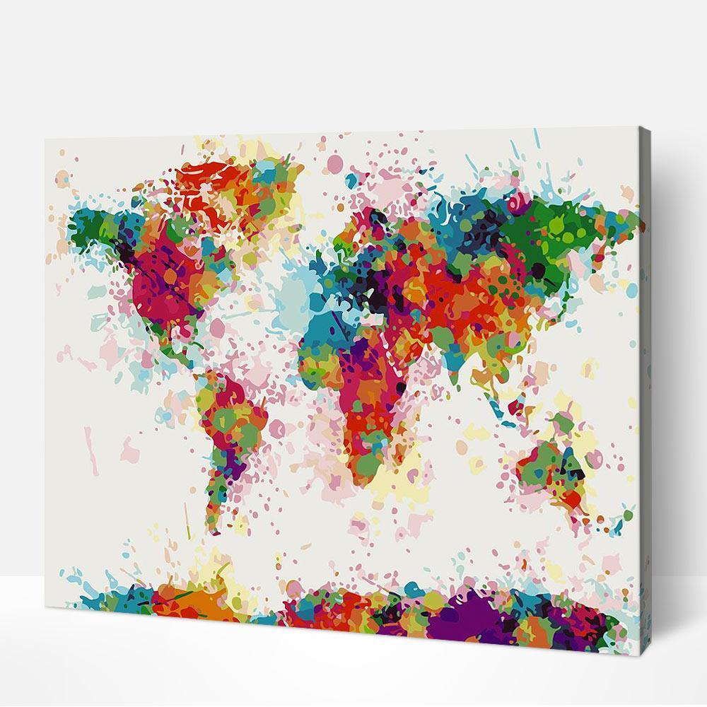 Stunning Colorful World Map paint by number with bright colors reminiscent of frida kahlo famous paintings, famous art paintings, picasso famous paintings, and famous picasso paintings.