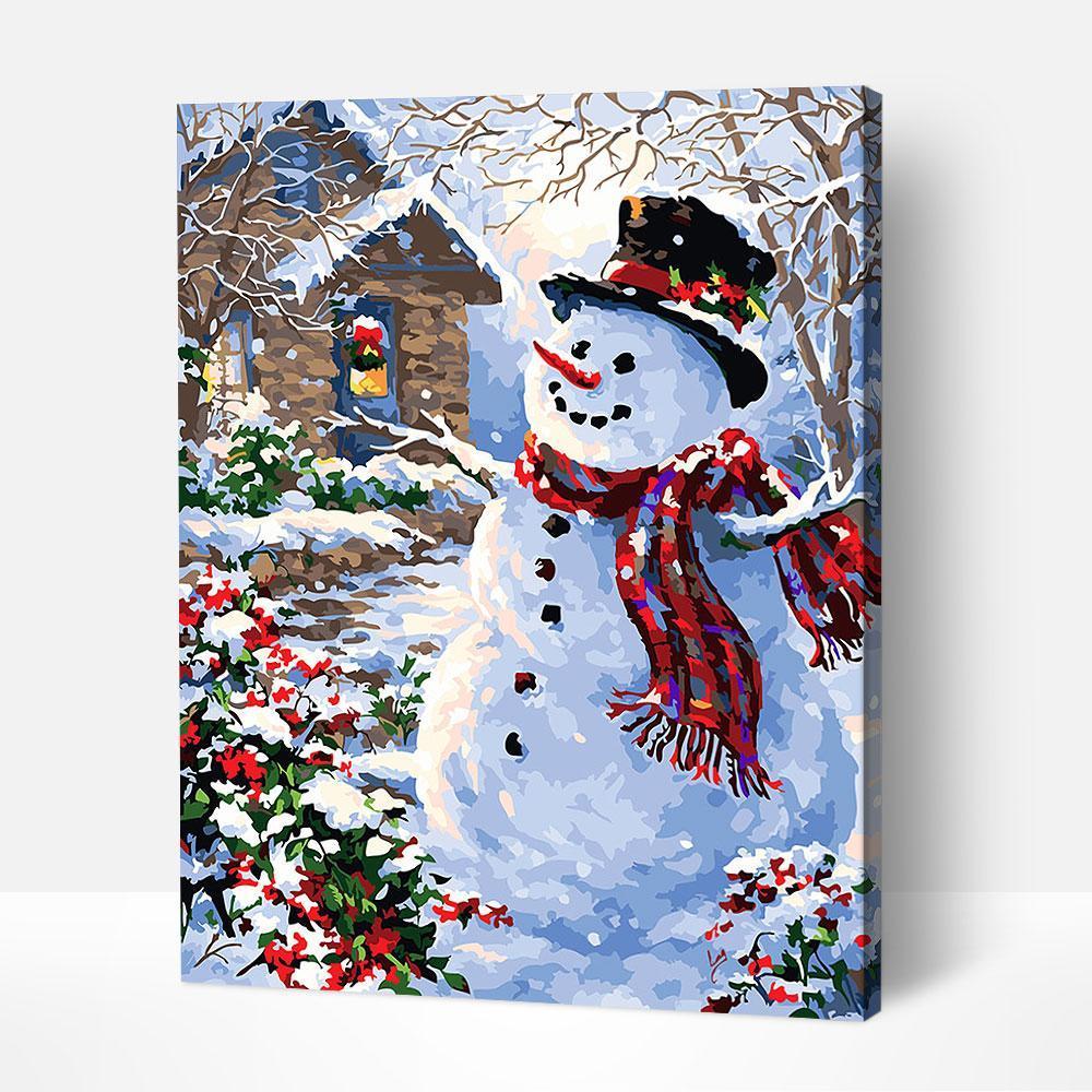 Cheerful snowman canvas art paint by numbers for adults.