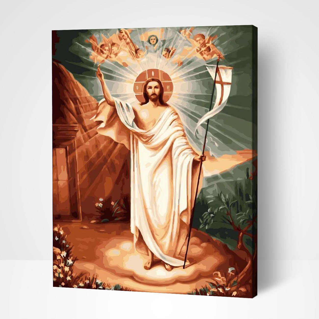 Pintura vibrante de Cristo resucitado por números que refleja el estilo de las famosas pinturas de Van Gogh y de los famosos paisajes.