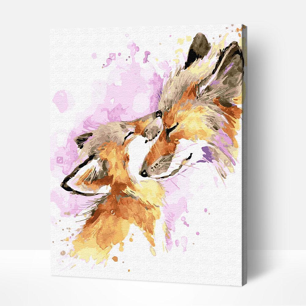 Paint by numbers artwork of a fox mother embracing her cub, reflecting themes seen in famous paintings of women and famous paintings of people.