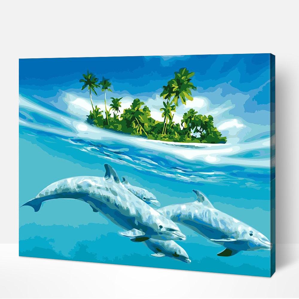 Dolphins Paradise painting kit with dolphins playing in turquoise water