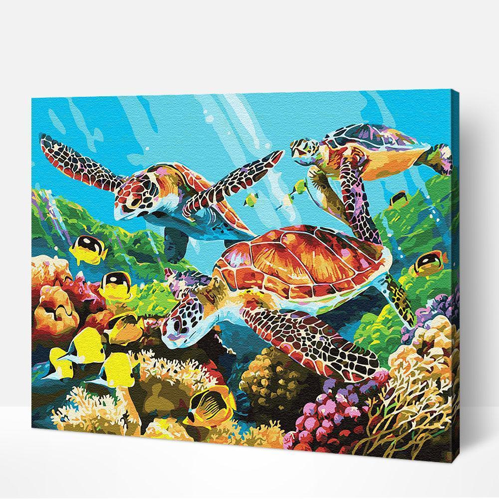 Paint by numbers Sea Turtle Family captures the essence of most famous paintings through detailed shading and texture.