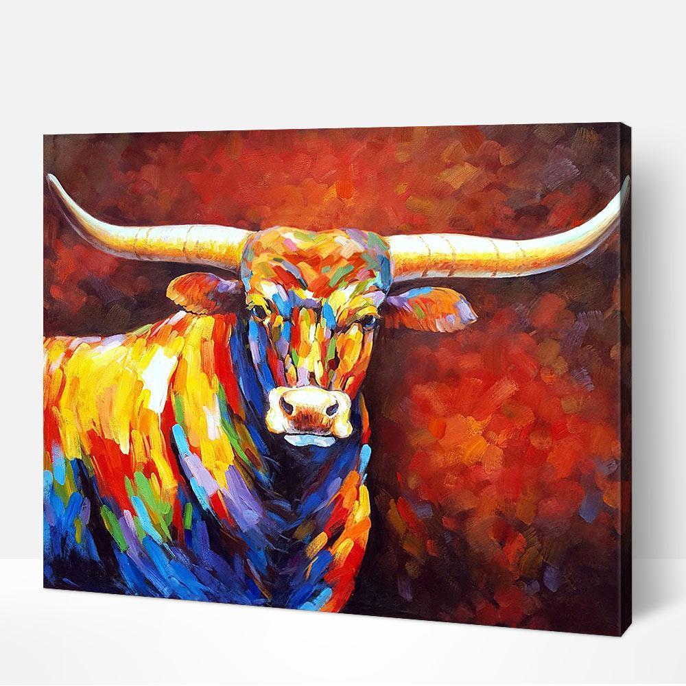 Texas Longhorn paint by number artwork with rich textures like top 10 picasso famous paintings and famous still life paintings.