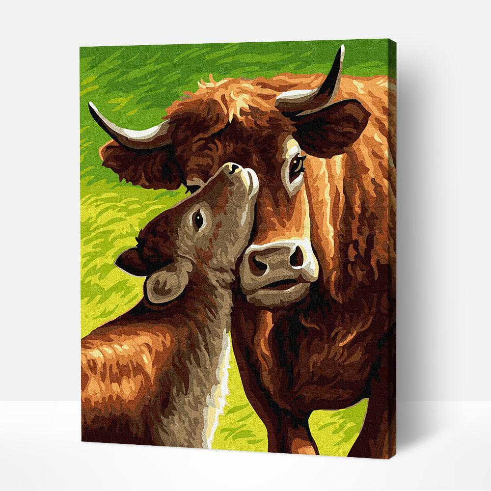 Cow Mother's Care paint by number artwork capturing natural beauty with a style reminiscent of famous flower paintings and famous still life paintings.