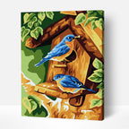 Vibrant Bluebirds paint by number with colors reminiscent of frida kahlo famous paintings and famous flower paintings.