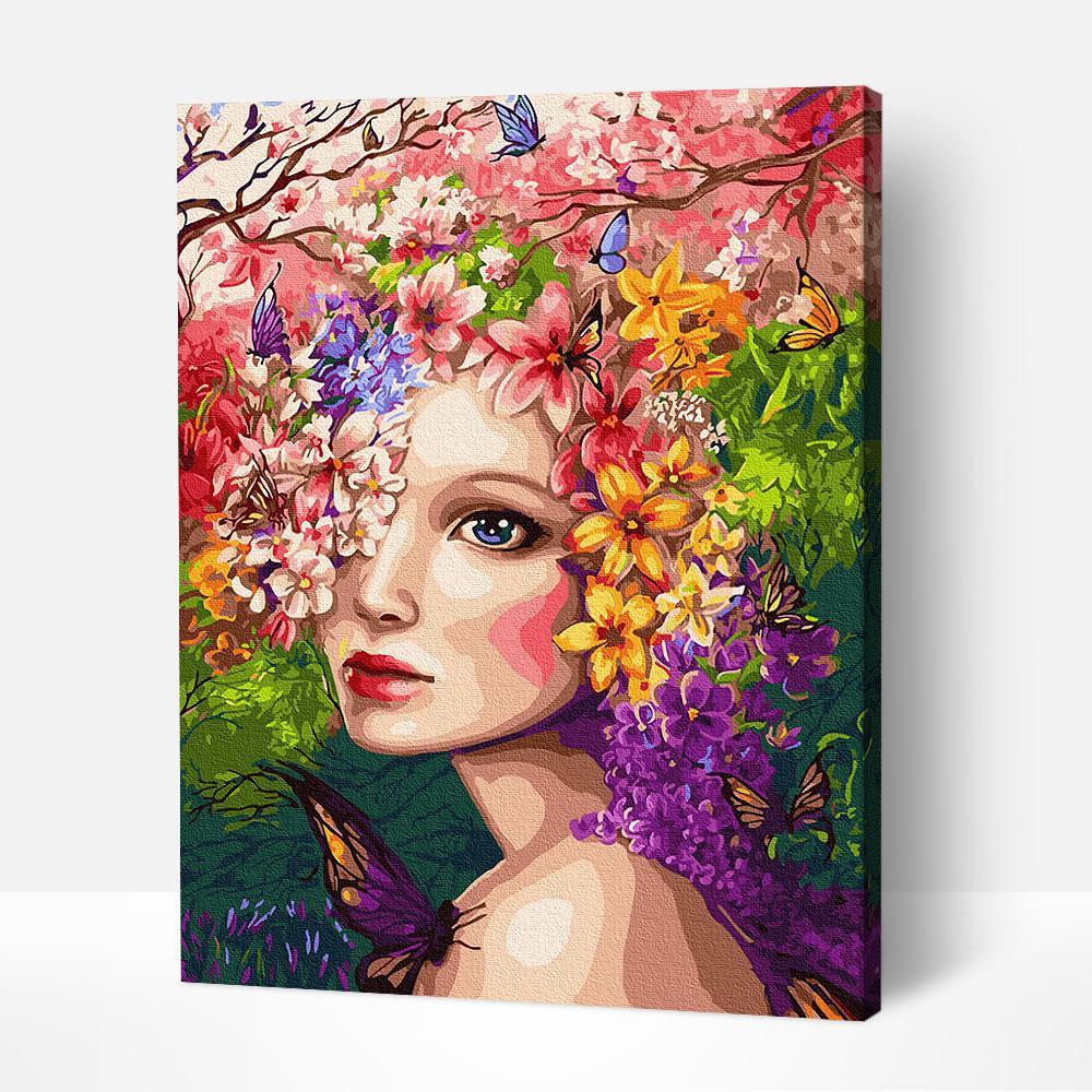 Artistic depiction of a Spring Girl in a paint by number style, famous artists paintings, famous paintings of women