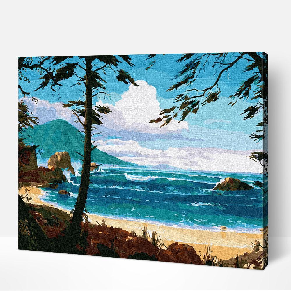 Beginner-friendly paint by numbers of a mountain trail at sunrise.