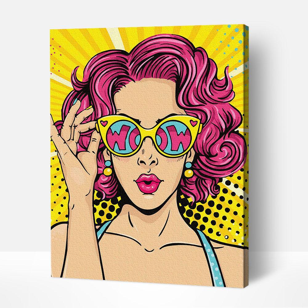 Fille pop art vibrante présentant des éléments de peintures d'artistes célèbres et de peintures célèbres de femmes.