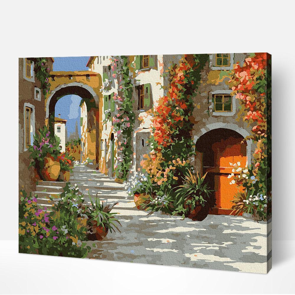 Ein Satz leuchtender Acrylfarbtöpfe, die im „The Yard in Flowers“-Farbset enthalten sind.