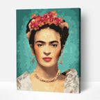 Frida Kahlo paint by number design reflecting famous flower paintings and famous still life paintings vibrancy.