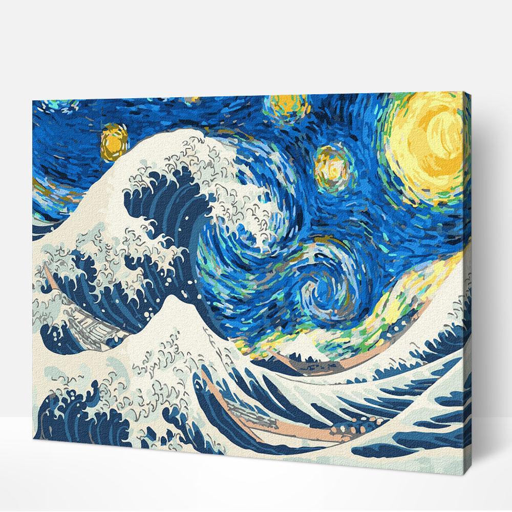 La gran ola en la noche estrellada pinta por números pinturas famosas de mujeres junto con pinturas famosas de Van Gogh y elementos de pinturas artísticas famosas.