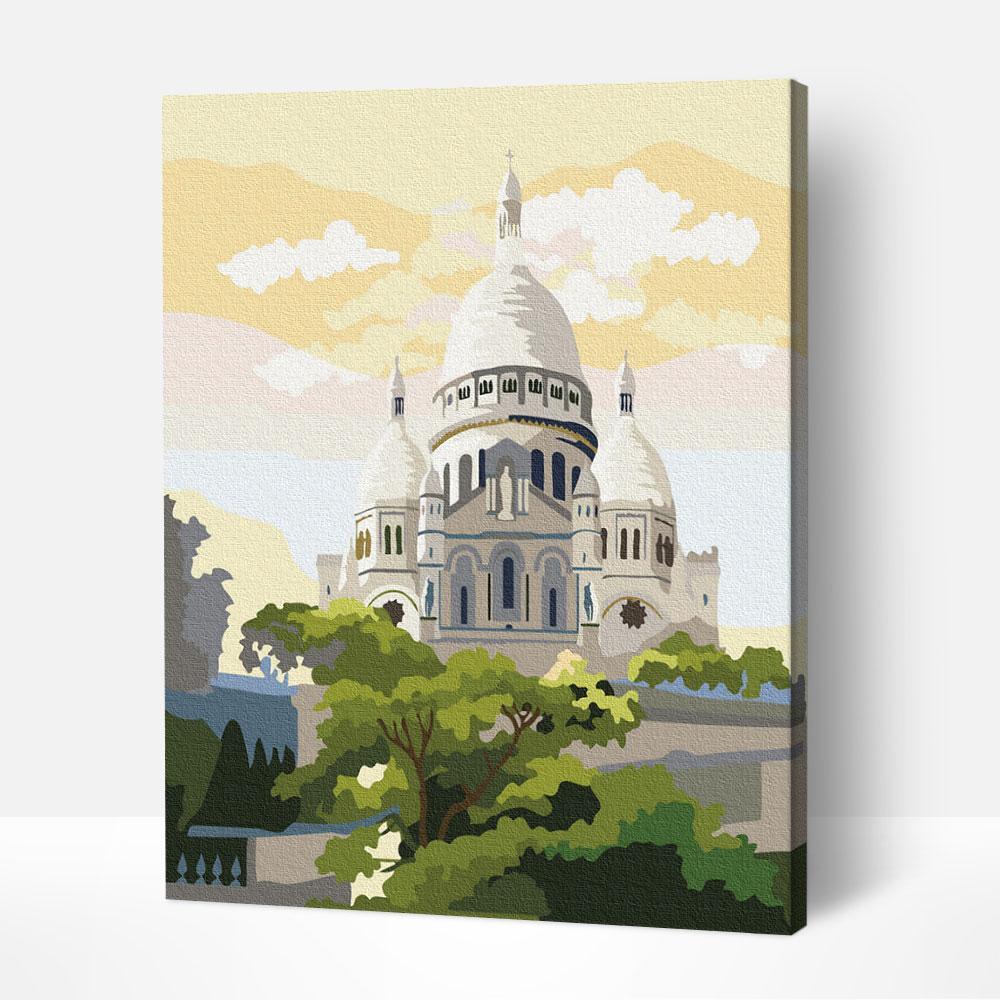 The Sacre Coeur Basilica paint by number showcasing colors reminiscent of famous artists paintings and famous art paintings.