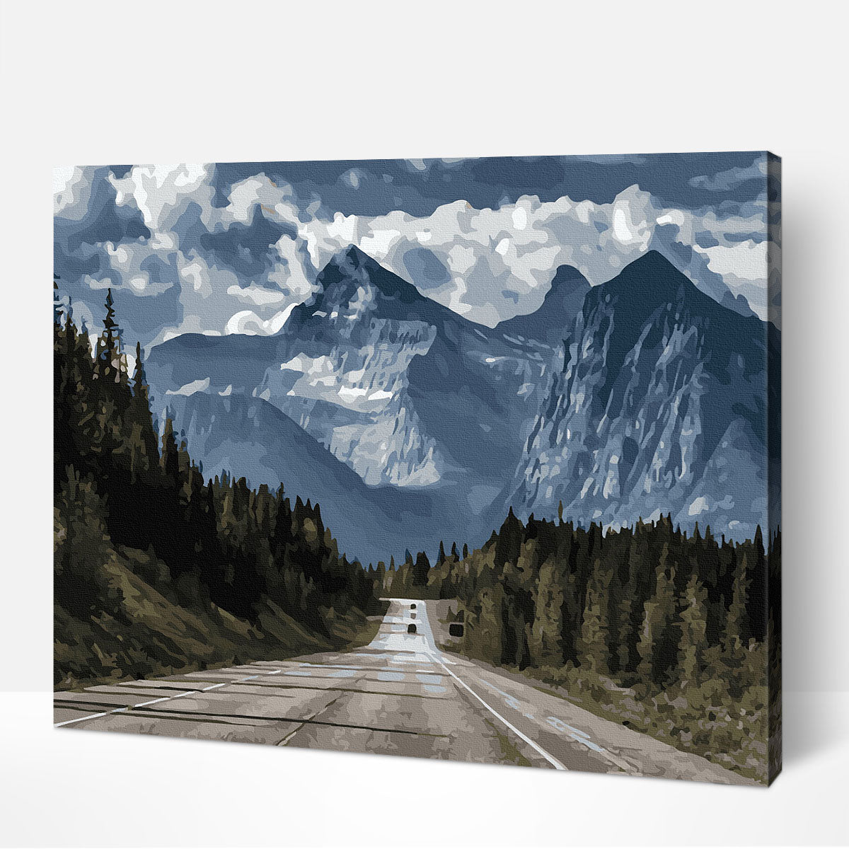 Hand holding paintbrush painting mountain road scene by numbers