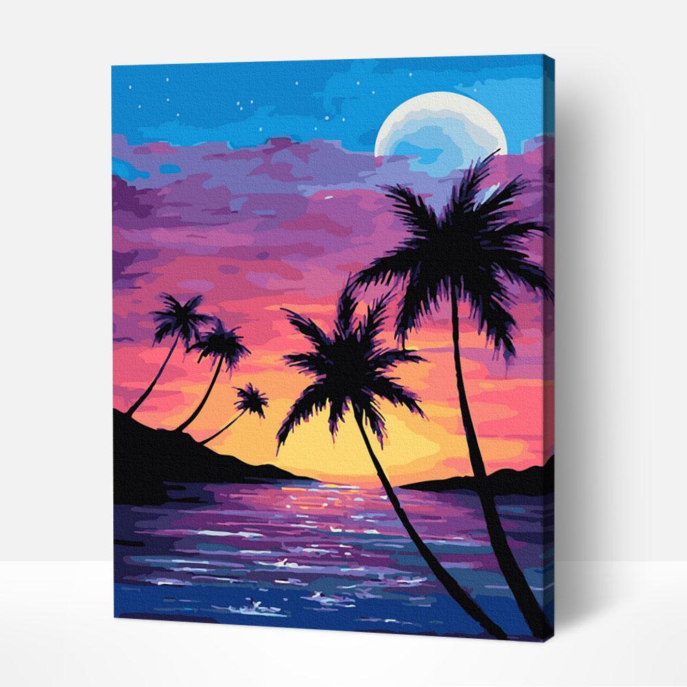 Painting of a Caribbean sunset with palm trees and ocean waves