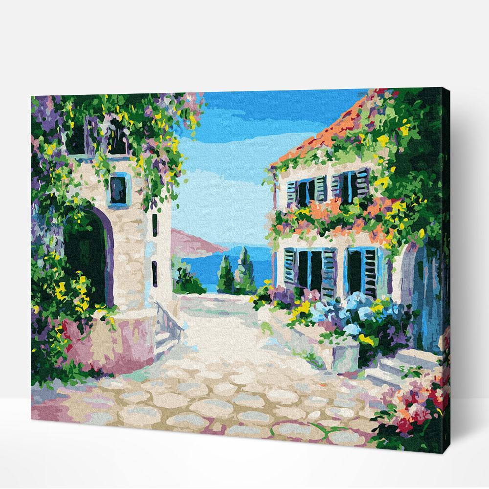 Greek island streets paint by numbers with narrow stone pathway