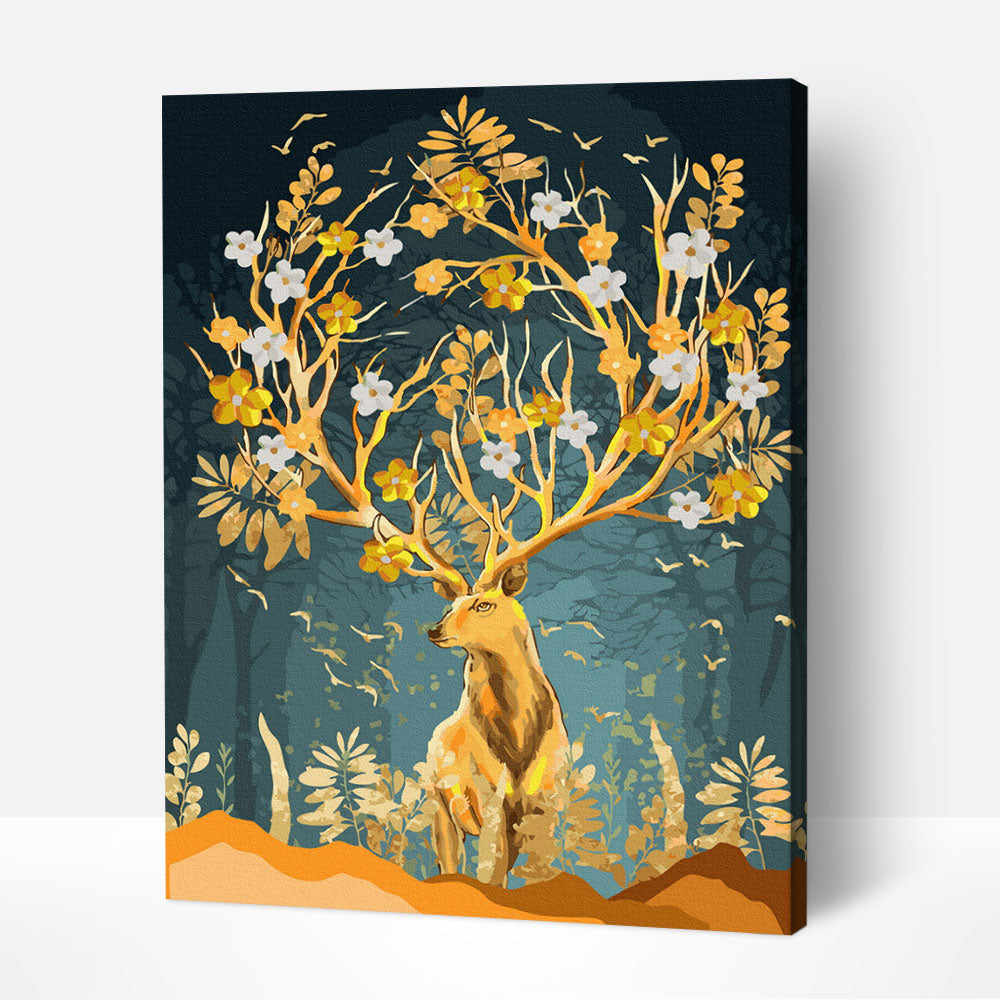 Intrincados ciervos con cuernos dorados pintan por números con colores que se mezclan como pinturas famosas de mujeres y pinturas de flores famosas.