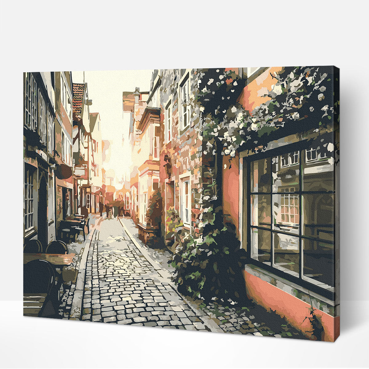 DIY paint by numbers canvas featuring a sunset over charming historic streets
