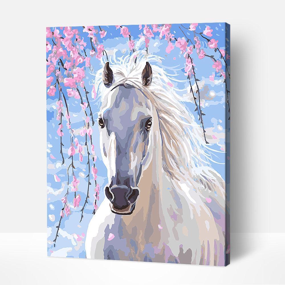 Stunning White Horse paint by number, blending artistic elements similar to picasso famous paintings and famous abstract paintings.