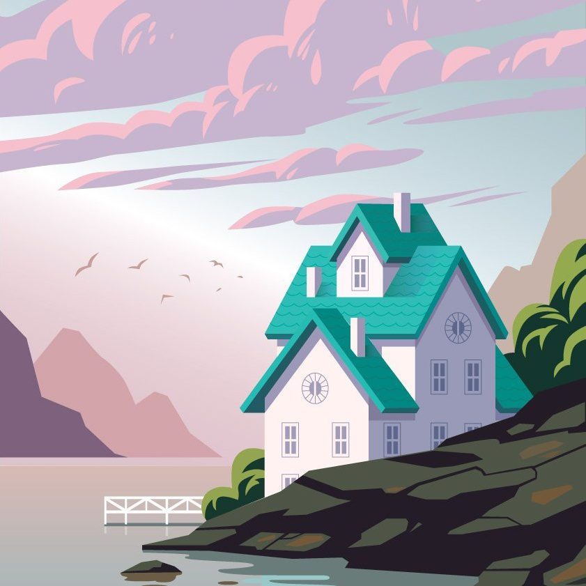 A paint by numbers kit depicting a house by the lakeside with vibrant colors, including purple, blue, and pink.