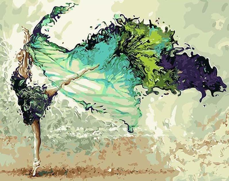 Expressive figure painting with curved green and blue forms