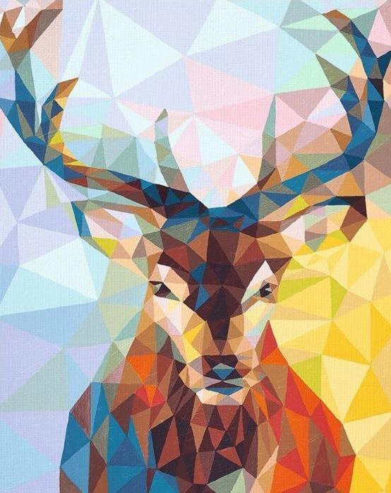 Colorful deer portrait in blue, orange, pink, yellow, and green