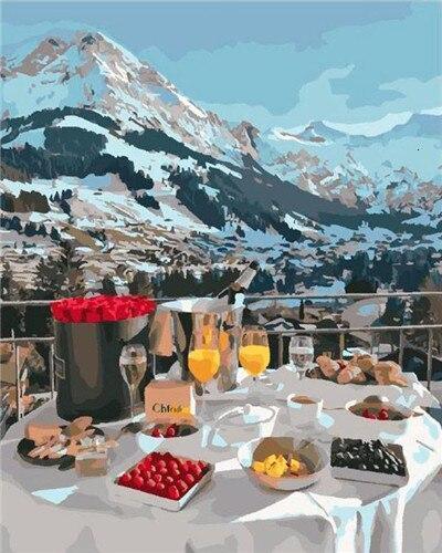 Alpen Berge Frühstück – Crafty By Numbers – Malen nach Zahlen – Malen nach Zahlen für Erwachsene – Gemälde – Leinwand – individuelles Malen nach Zahlen
