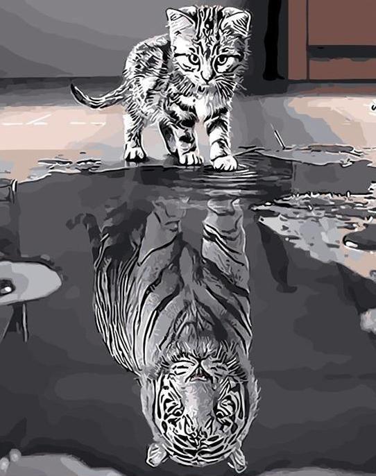 Cat & Tiger Reflection - Crafty By Numbers - Paint by Numbers - Paint by Numbers for Adults - Painting - Canvas - Custom Paint by Numbers
